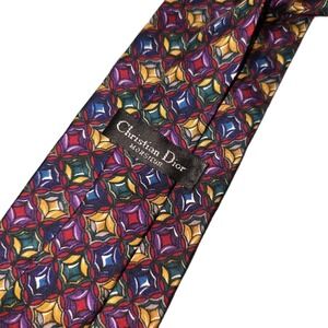 Vintage Christian Dior Monsieur Geometric Tie 100% Silk Blue Gold Magenta EUC!